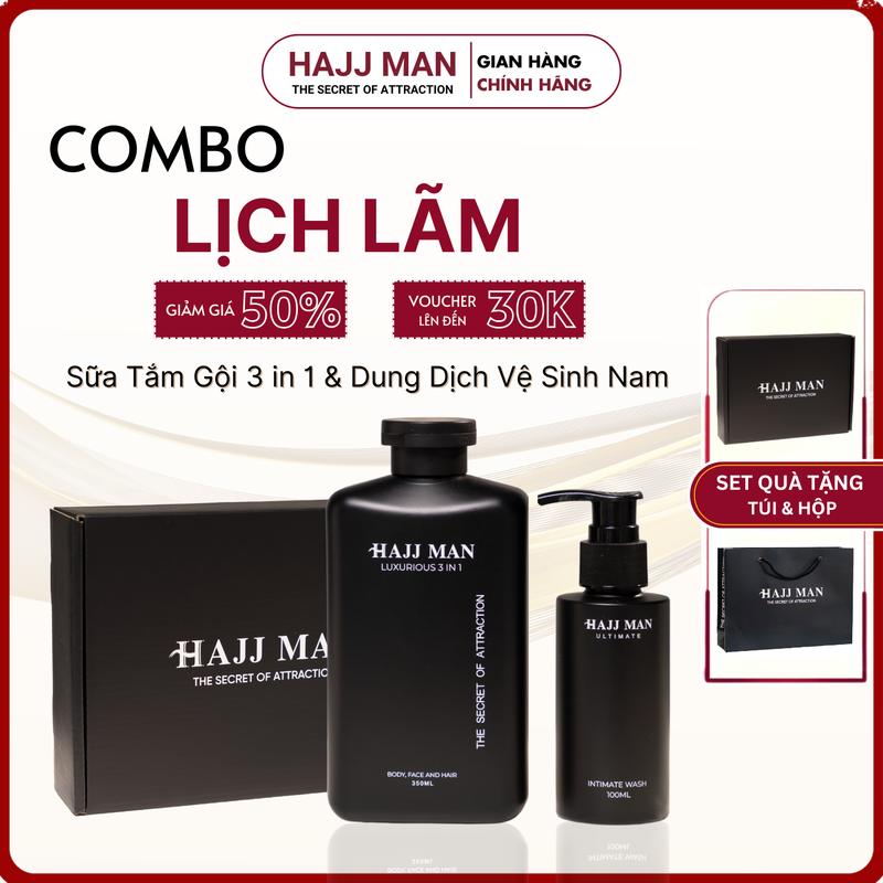   Quà tặng Noel  Combo Lịch Lãm - Sữa tắm gội nam 350ml & Dung dịch vệ sinh HAJJ MAN 100ml hương nước hoa cao cấp 