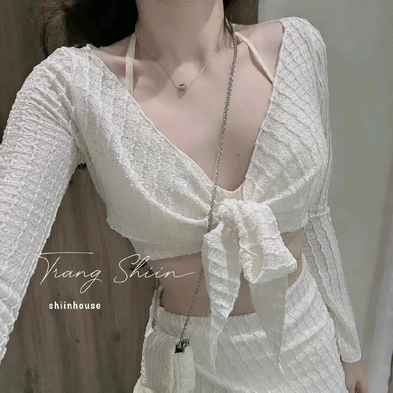 Sét đồ bikini mặc đi biển du lịch sét 3 món Ren lỗ áo Bra có mút dày kèm áo khoác tay dài mix chân váy mini khoe dáng siêu xinh sexy Nữ Women Kem 2 màu cuốn hút 4