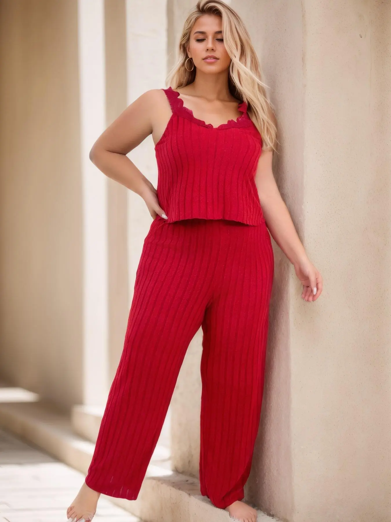 【Plus Size】 Solid Color Ribbed Crop Tank Top & Wide Leg Jumpsuit, Casual Comfy Loungewear Set for Women, Women's Sleepwear for All Seasons, Pajama