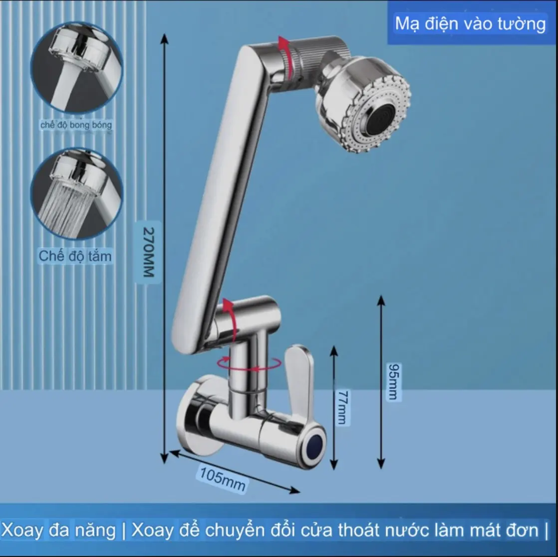 Vòi rửa bát cắm tường lạnh inox 304 bóng xoay 720 độ