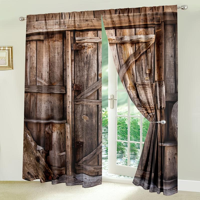 Product Introduction of 2pcs Vintage Barn Door Curtains 3D Digital Print Sunshade Drapes Rustic Wood Grain Pattern American Farmhouse Decor For Living Room Bedroom Balcony Kitchen Bathroom Window Decoration Retro Nostalgic Style 8