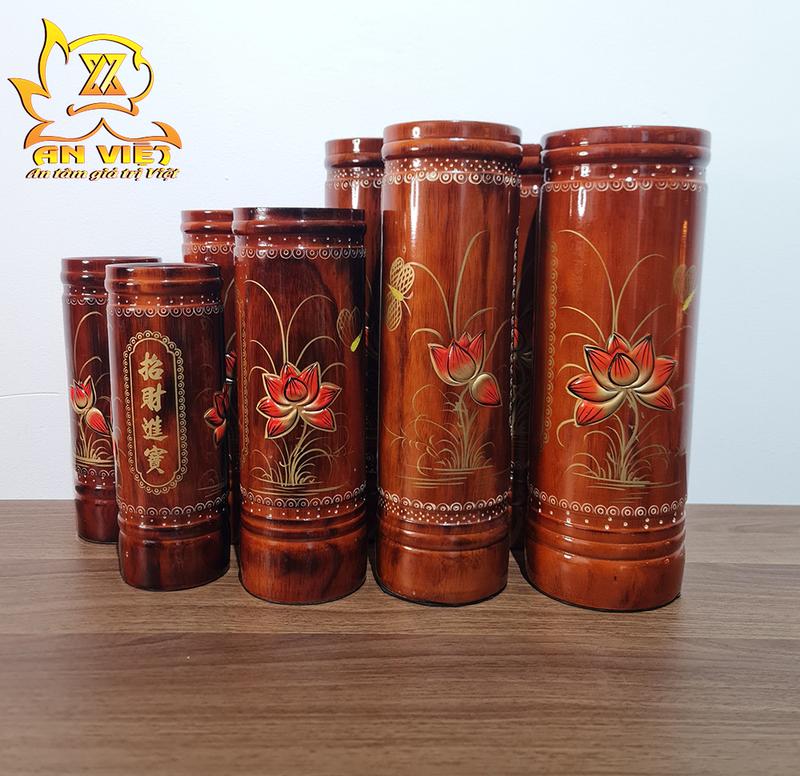 Ống Đựng Nhang Bằng Gỗ Họa Tiết Hoa Sen Nổi - ODN2406