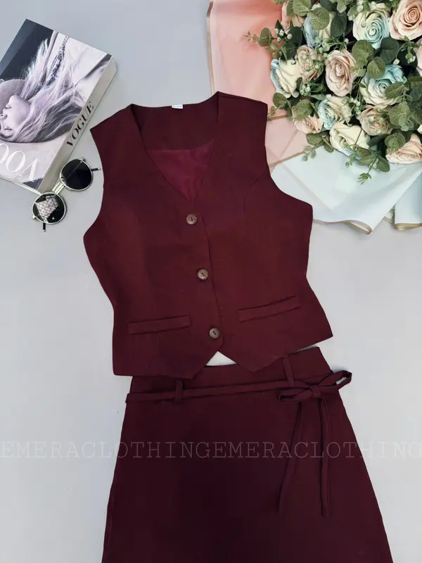 Set thiết kế váy áo Amelia Đỏ Đô- áo croptop gile và chân váy dáng dài sang chảnh, thời thượng Nữ Women Kem Kaki vay 1