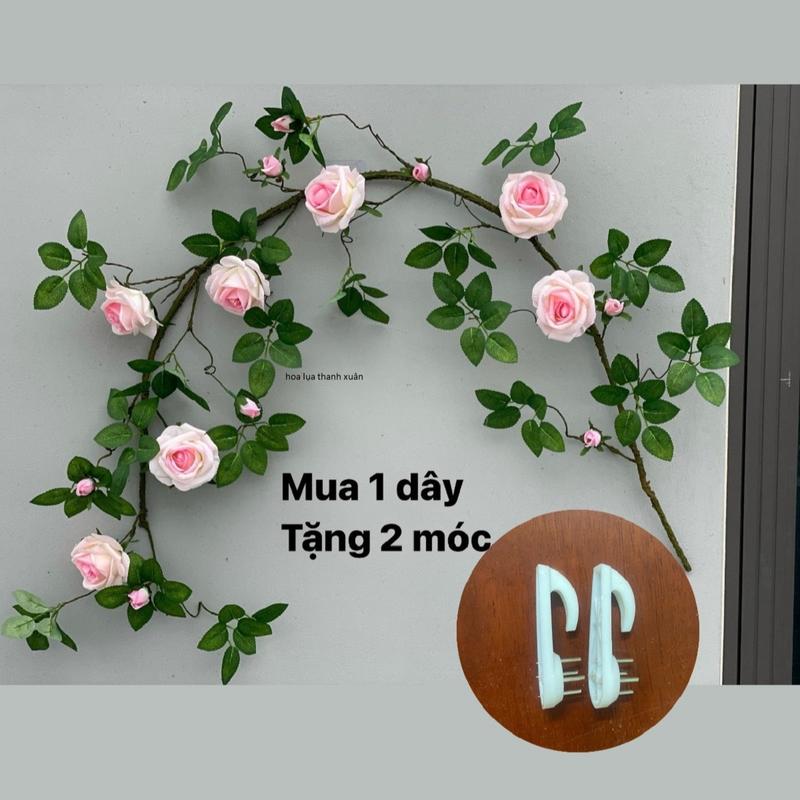 Dây Hồng Leo Pháp, Thân Giả Gỗ,  Dài 1m5, 7 Hoa, 8 Nụ, Lá, Trang Trí Nhà, Của Hàng Decor Len