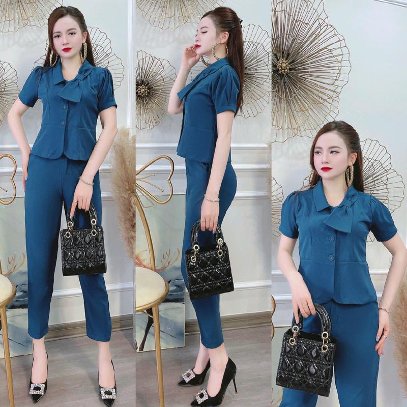 Bộ công sở màu nâu tay ngắn trượt hàn quốc, chất liệu vải loại một cho nữ - Áo, kiểu vét cổ nơ 5