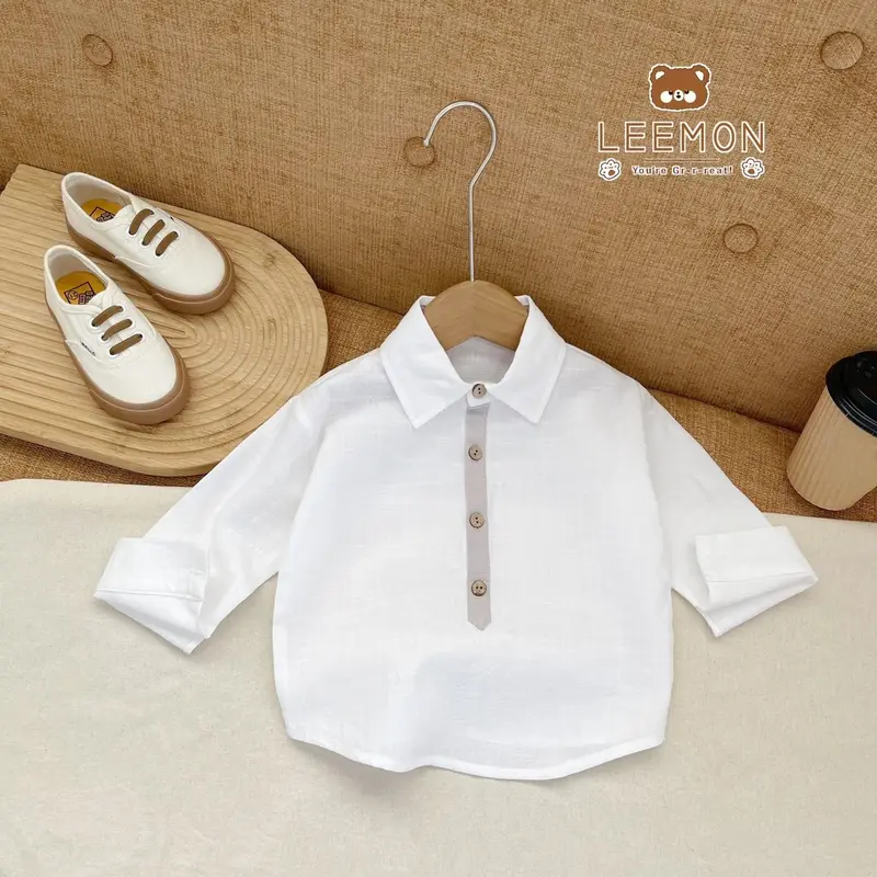 Áo sơ mi dài tay đũi phối khuy hai màu cho bé trai 3