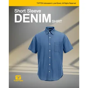 TOPTEN Kemeja Denim Pria Lengan Pendek Polos Bahan Soft Jeans Warna Biru Muda