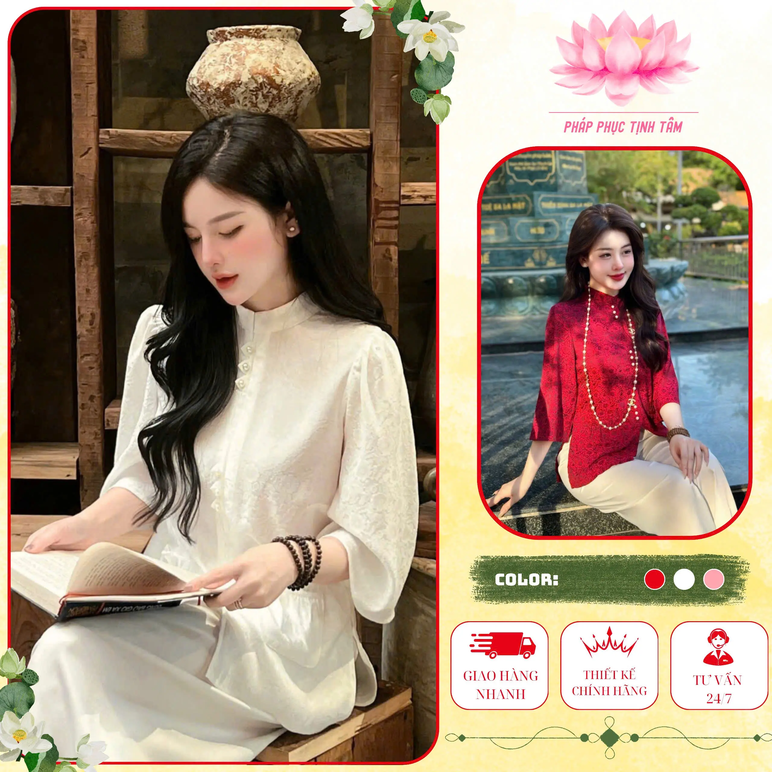 Đồ Lam Đi Chùa Tịnh Tâm, Pháp phục nữ lụa cao cấp tiểu thư sang trọng cổ tàu cúc ngọcSize 40-65kg,4 size S,M,L,XL  Kem Women Top