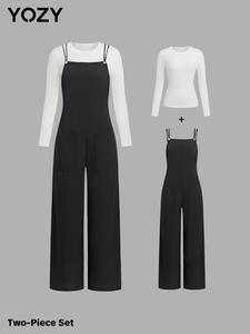 YOZY Women's Solid Color Overalls & Long Sleeve Top Two-piece Set, Casual Fashion Overalls Jumpsuit & Top for Daily Outdoor Wear, Ladies Clothes for Spring & Fall