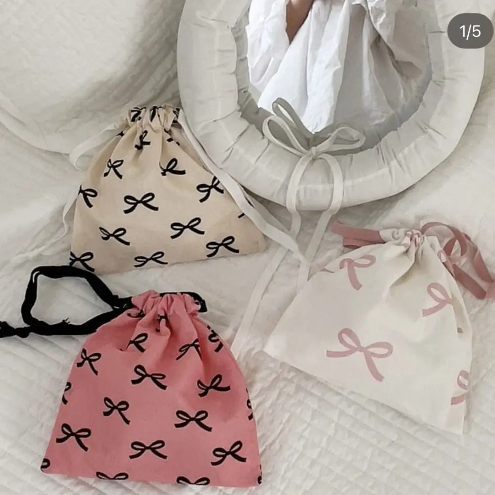 Kawaii Bowknot Knot Mini Drawstring Bag Portable Double Drawstring Girl's Coin Purse Durable Reusable Cute Bundle Pocket Travel