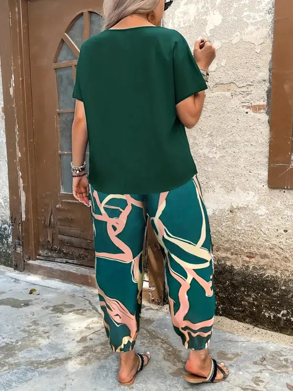 【Plus Size】 Two Counts Batwing Sleeve Blouse & Colorblock Pants Set, Casual Round Neck Top & Trousers 2 Piece Set for Summer, 2 Piece Sets Women, Co Ords for Women for Daily Wear 7