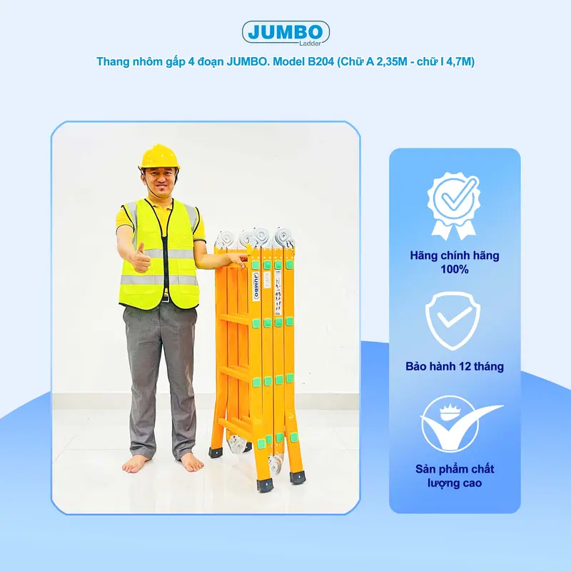Thang nhôm gấp 4 đoạn JUMBO B204, chữ A cao 2.35m, chữ I cao 4.7m, 14 tư thế sử dụng, tải trọng 300kg 4