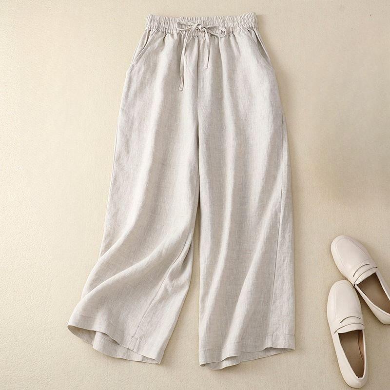 Quần Dài Vải Lanh Cotton, Eo Co Giãn, Phong Cách Cổ Điển Thẳng, Dành Cho Nữ, Thường Ngày, Hàng Mới Về, Quần Cropped 0
