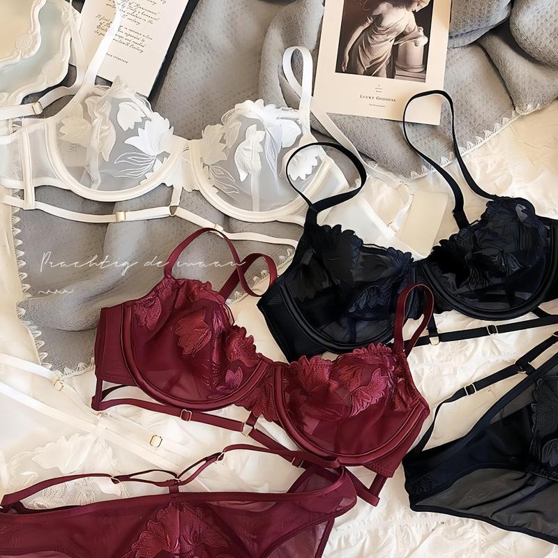 C3 - Set Áo Lót Kèm Quần Ren Nữ Hoạ Tiết Hoa Women Bra Kem, Đen, Hồng, Trắng