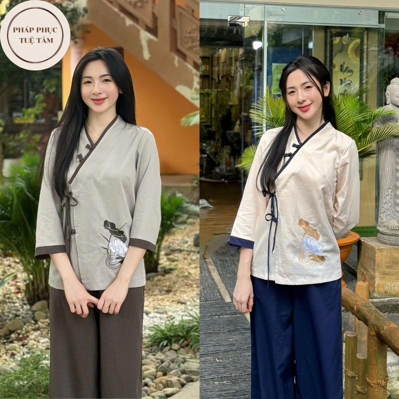 [TUỆ TÂM] Bộ đồ đi lễ chùa vải đũi truyền thống thêu sen nhiều màu, Pháp phục đi lễ thanh lịch Nữ Áo Top trang phục truyền thống sz l  thường S Beige Women M Beige