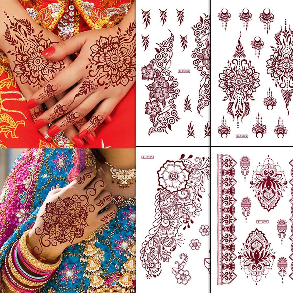 Brown Lace Henna Tattoo Stickers For Women Flower Waterproof Finger Hand Tattoo India Mehndi Design Temporary Fake Tattoo