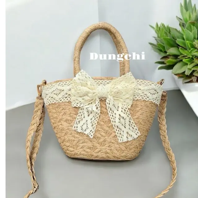 Combo Túi cói nhỏ đeo chéo nơ ren + mũ vành nhỏ nơ ren 5