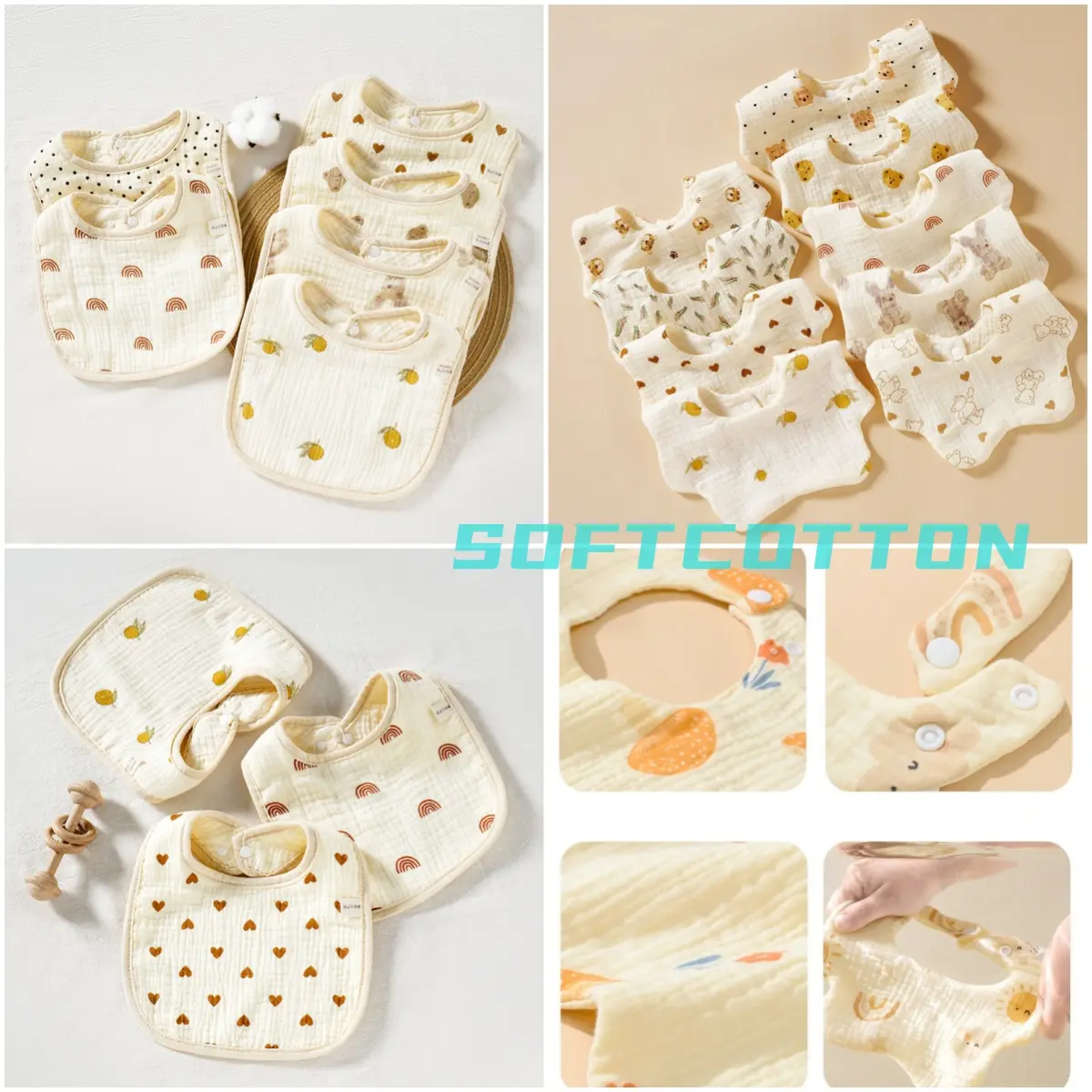 " U and O " Type Pure Cotton Gauze Baby Bibs Soft Baby Bandana Saliva Towel Dribble Drool Bibs and U or O type Bibs Super Absorbent Bibs Towel Prevent Spitting up Milk