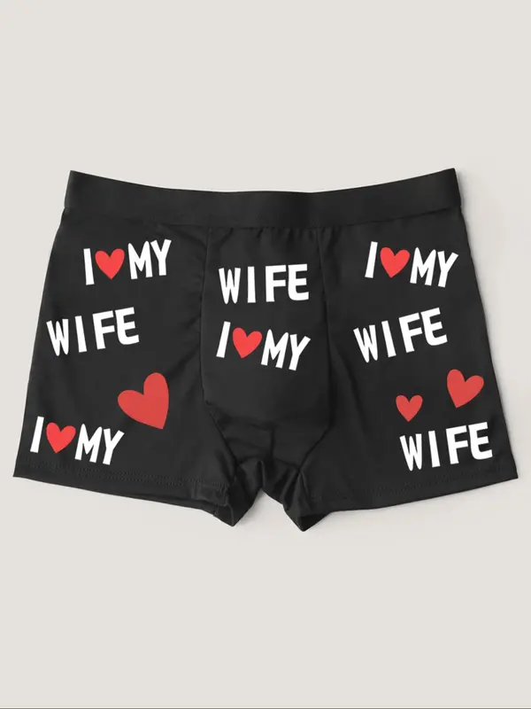 Men's Letter & Heart Print Boxer Brief, Soft Comfy Breathable Underwear for Daily Wear, Casual Men's Underwear for All Seasons 1