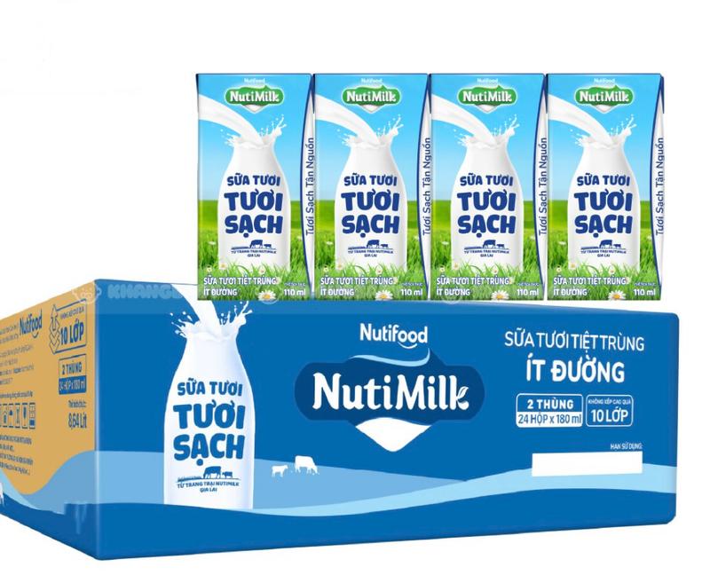 Thùng 48 Hộp 110ml- Sữa Tươi Tiệt Trùng Tươi Sạch Nutimilk Nutifood  Ít Đường Từ Trang Trại Gia Lai
