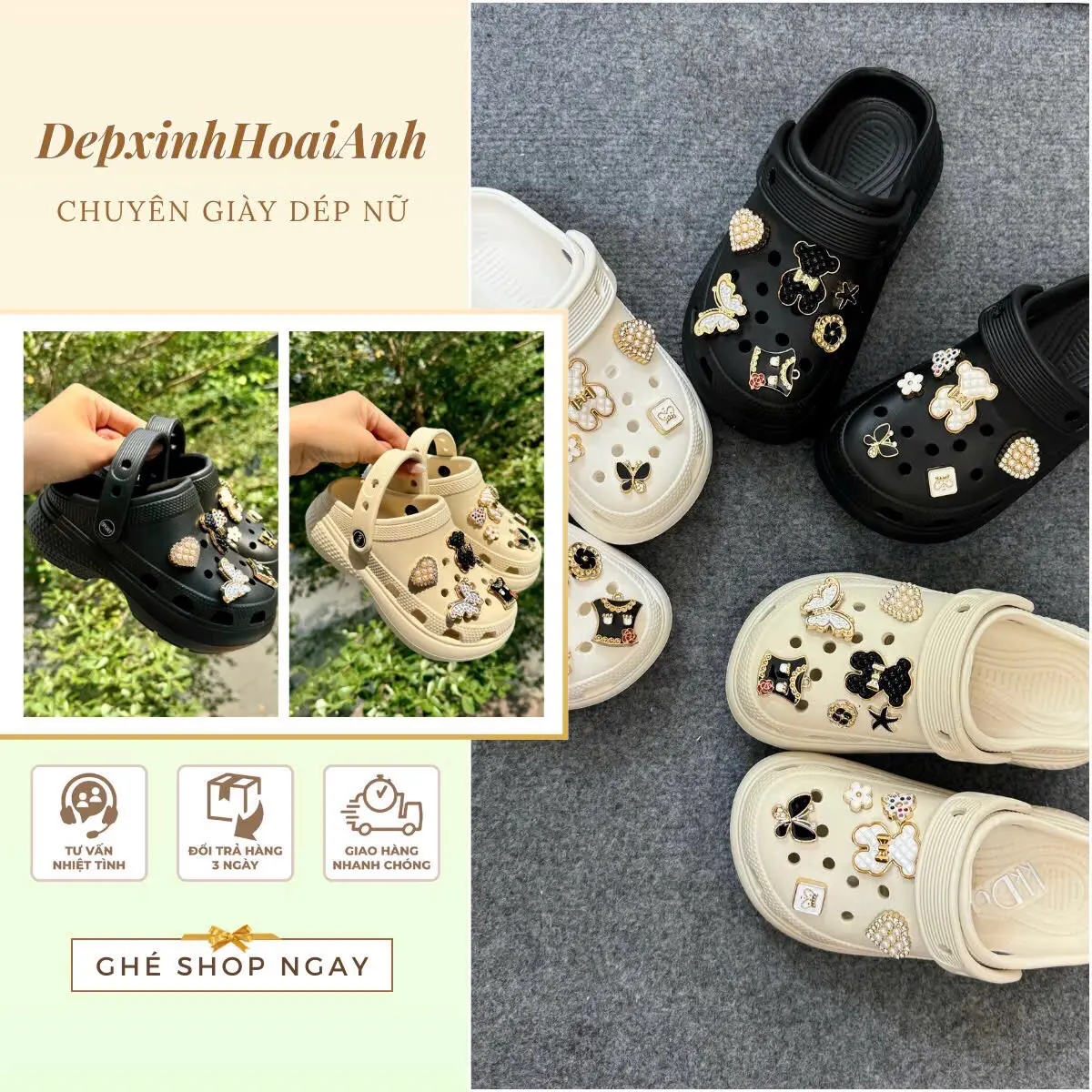 ￼Dép Sục Bé Gái đế cao 4cm êm nhẹ đính hoạ tiết Charm Gấu xinh xắn Sandal Kem