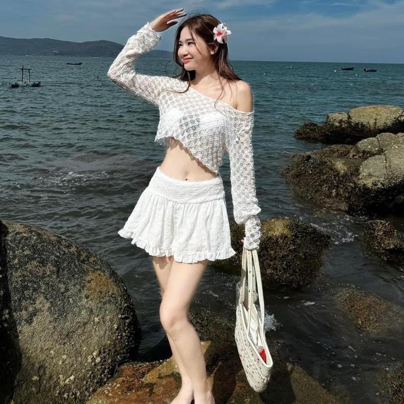 MS954 Set đồ đi biển 4 món HOA TRÀ _Chân Váy Xòe áo cup kèm khoác croptop tay dài kín đáo, dễ thương