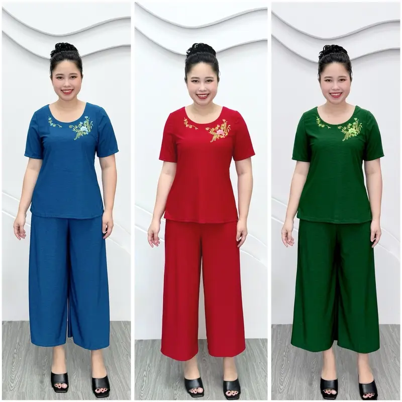 T65 Đồ bộ trung niên, set bộ cho mẹ thun aty mỹ mềm mát, quần ống rộng 9 tấc, 50-85kg Nữ Áo Women Nhung 0