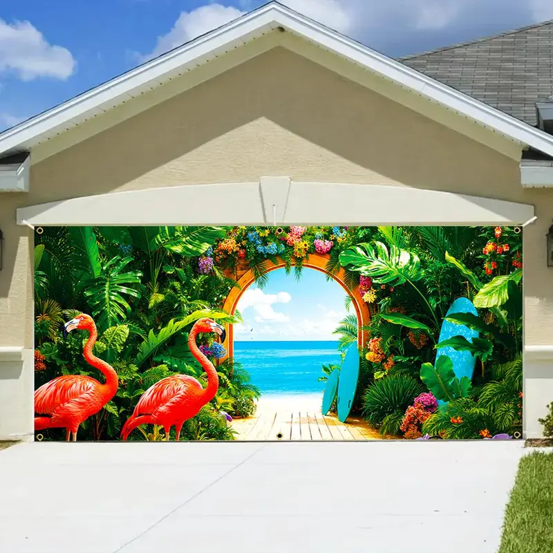 Flamingo & Tropical Plant Pattern Garage Door Banner, 1 Count Durable Garage Door Decoration, Home Decor Supplies for Farmhouse Party 6