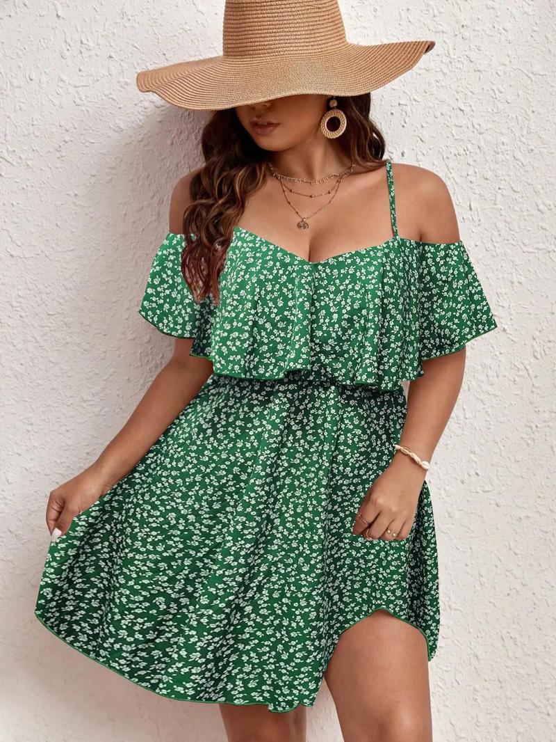 Product Introduction of 【Plus Size】 Ditsy Floral Print Cold Shoulder Dress, Boho Fashion Casual Dress for Daily Holiday Vacation Wear, Women Plus Clothing for Summer, Womenswear 5