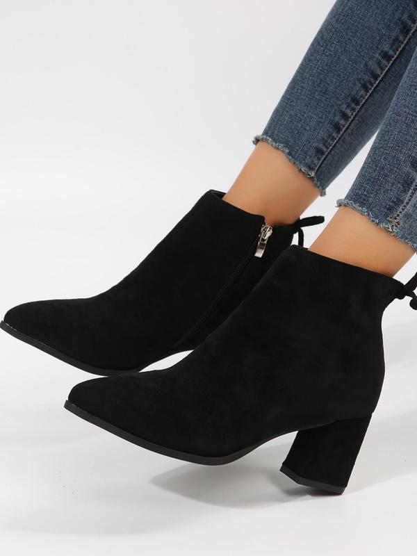 Women's 2023 New Trend Elegant Chunky Heel Tie Ankle Zipper Boots, 1 Pair Fashion All-match Solid Color Ankle Pointed Toe Boots, Thick Heel Short Boots with Fleece for Daily Wear 3