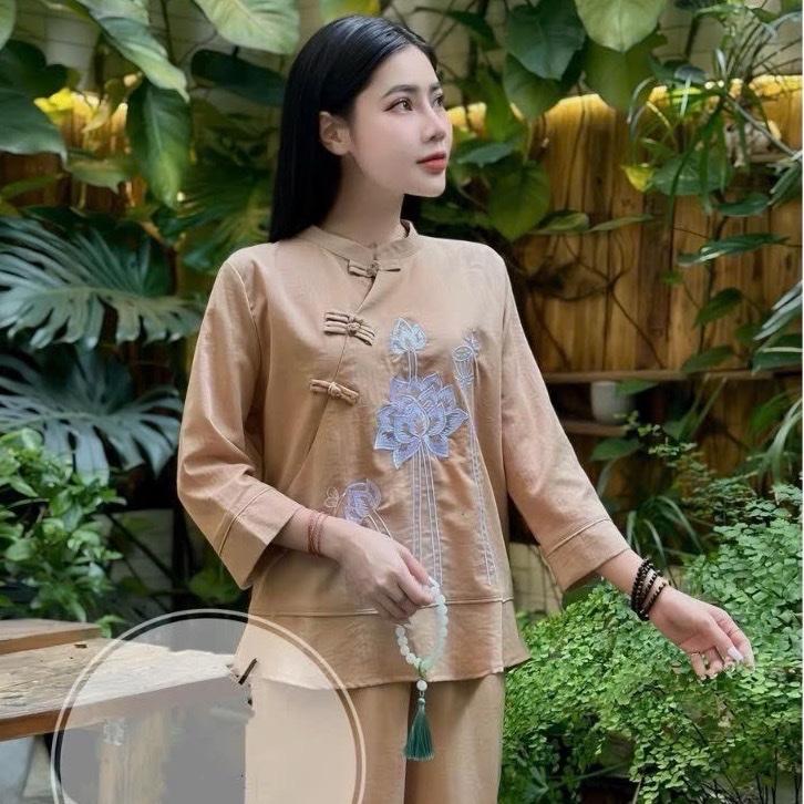 Bộ lam đi chùa nữ BEBE đũi vân mây thêu hoa sen cổ tàu nút thắt kết hợp quần hai túi trang trọng đồlam 6