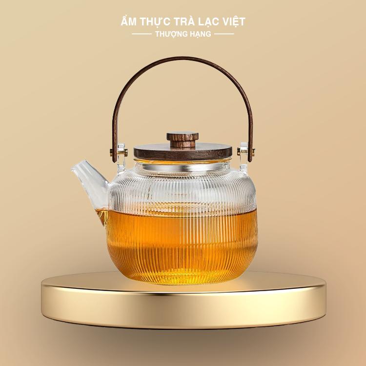  Ấm Trà Thuỷ Tinh Quai Gỗ Óc Chó Có Lõi Lọc Chịu Nhiệt 1000ml Pha Trà 