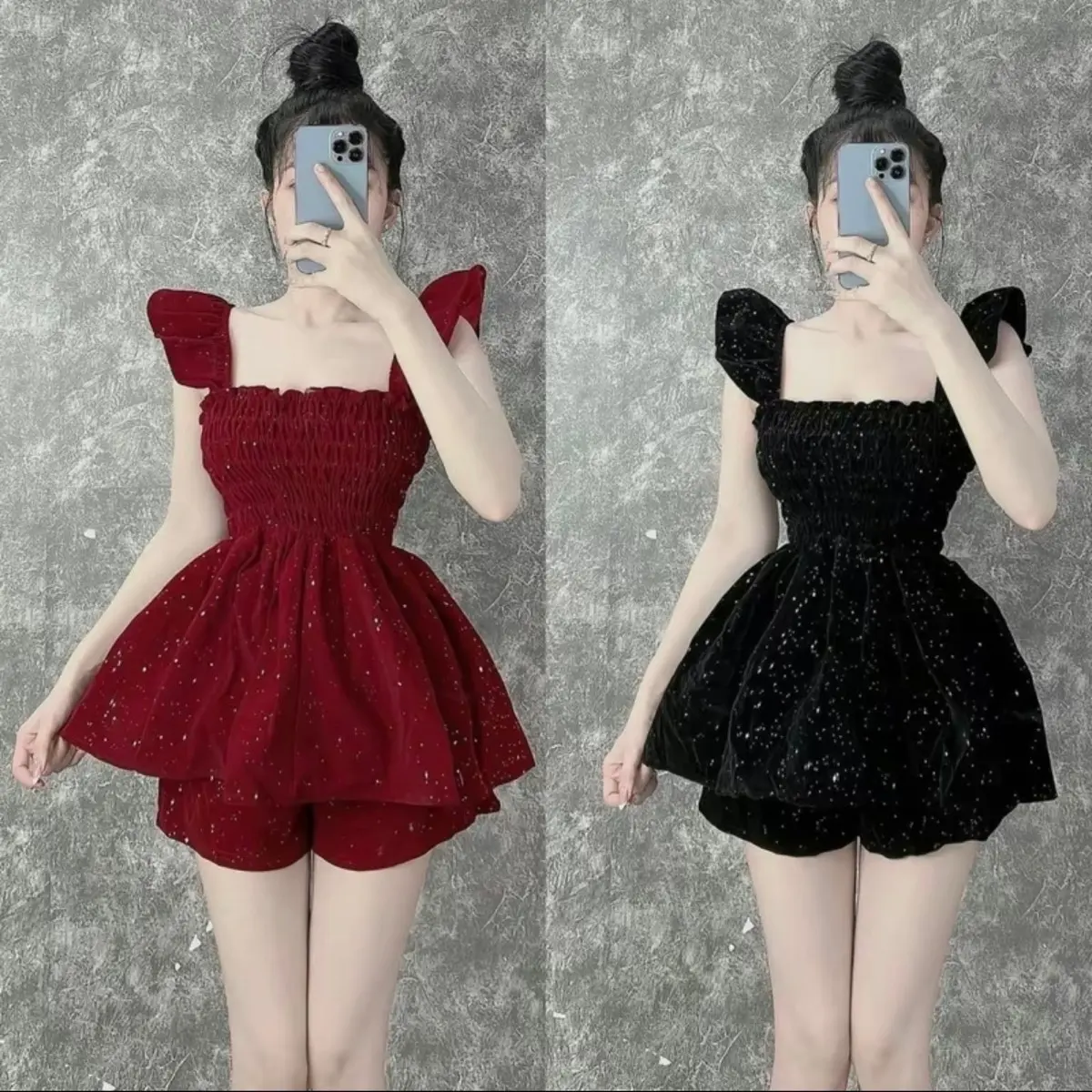 S124 Set bộ nhung kim tuyến tay cánh tiên quần đùi - MITRUC Nữ Áo Women Voi