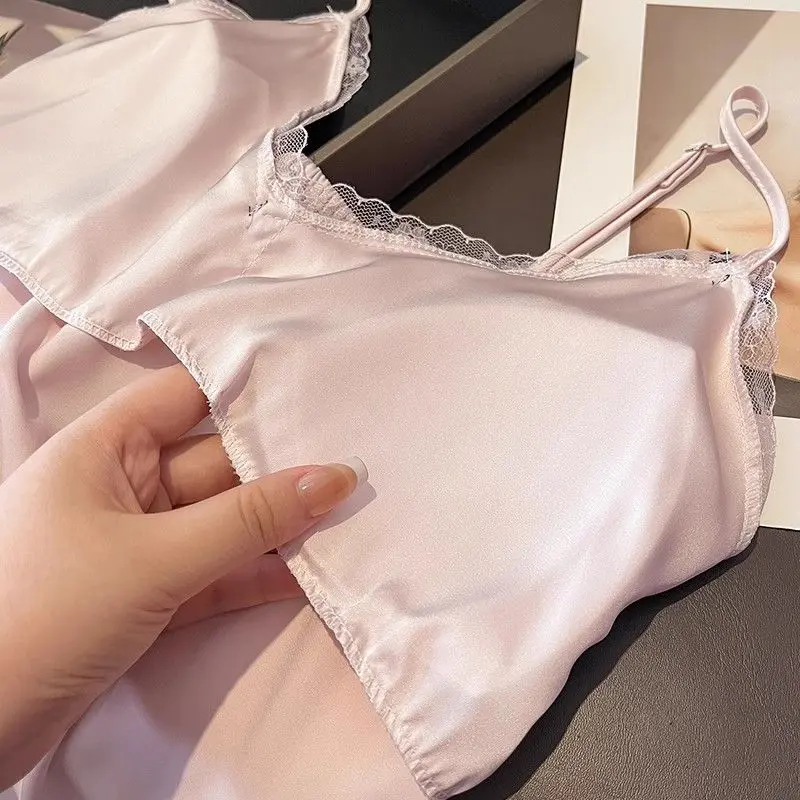 Bộ Đồ Ngủ Áo Yếm Lụa Lạnh Dành Cho Nữ, Trang Trí Ren Gợi Cảm, Có Đệm Ngực, Có Thể Đeo Được, Bộ Hai Mảnh, Thích Hợp Cho Mùa Hè 4