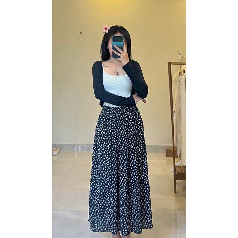 Chân váy hoa nhí dáng dài lưng chun , chân váy maxi nữ phong cách bánh bèo nữ tính- CV058 Women Khuy 7