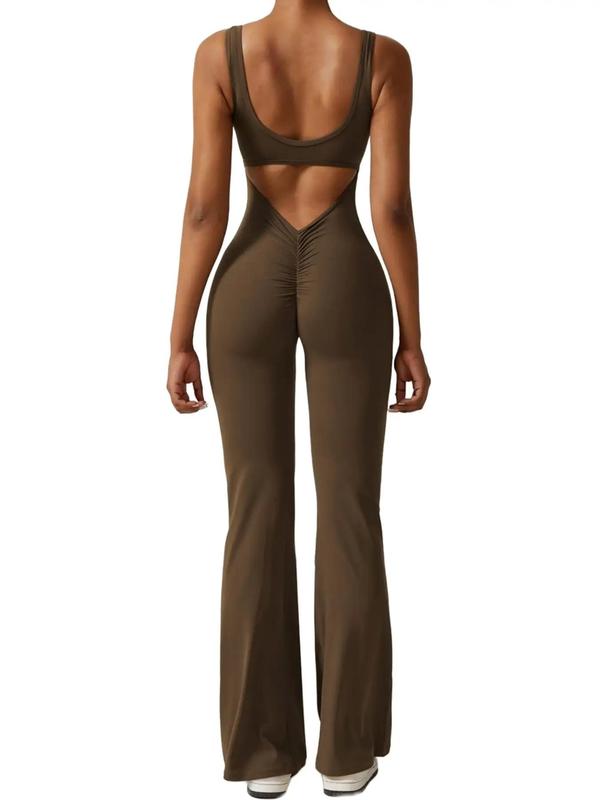 Women's Solid Cut Out Backless Ruched Tank Jumpsuit, Casual Fashion Scoop Neck Sleeveless Jumpsuit for Daily Outdoor Wear, Ladies Clothes for All Seasons 3