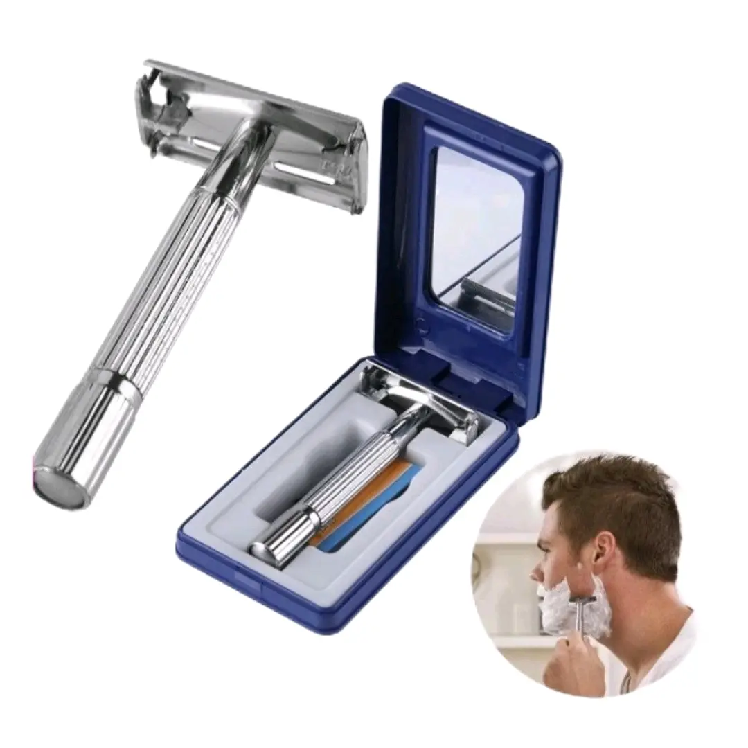 Safety Razor Gagang Logam Pisau Cukur Kumis Dan Jenggot Cukur Manual + 10pcs Silet