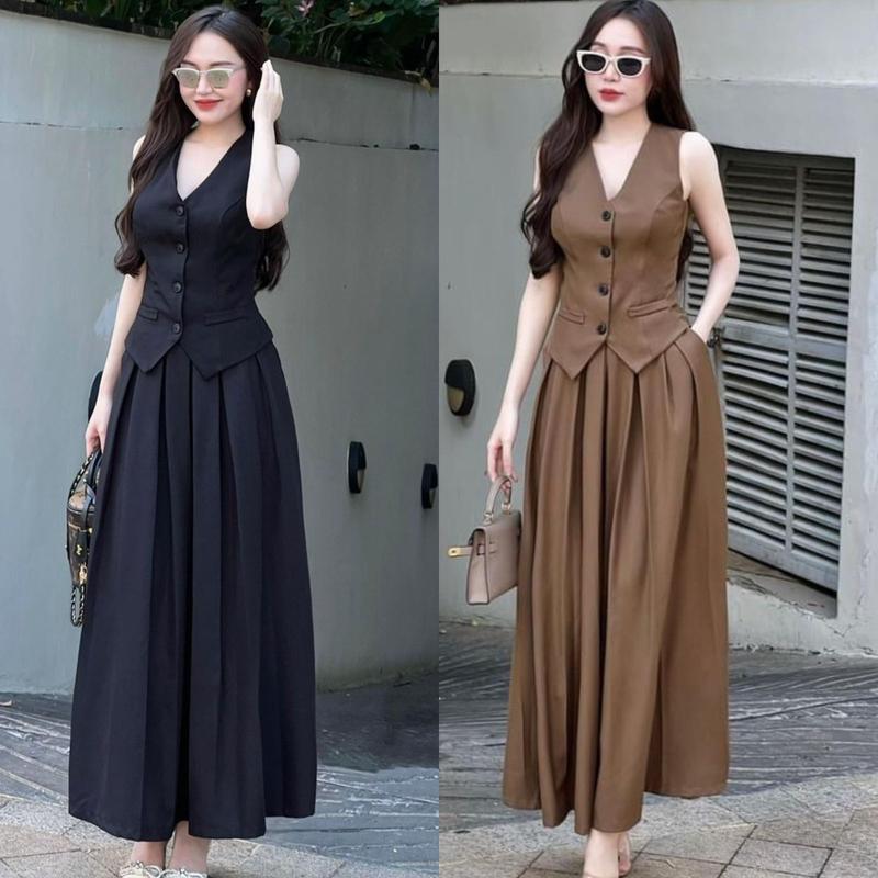 Váy Xếp Li Dáng Dài Áo Ghi Lê Sát Nách Bigsize Set Váy Đi Tiệc ESHOP Set Chân Váy Dài Xèo Có Túi Áo Gile Thiết Kế Sang Chảnh Dễ Thương Top Women