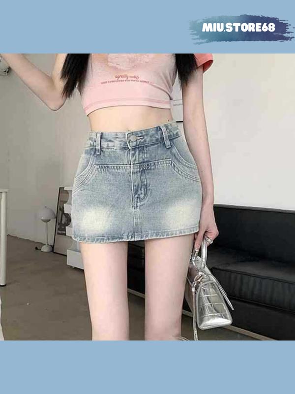 Chân váy jean dáng chữ A, Quần giả váy jean nữ ngắn cạp cao tôn dáng MIUSTORE mã M021 (kèm ảnh thật) Women Kem Nhung Voi