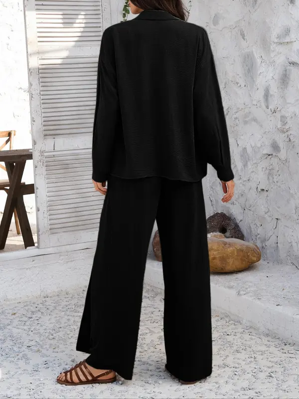 Women's Solid Color Top & Wide Leg Pants Two-piece Set, Casual Long Sleeve Top & Palazzo Pants for Spring & Fall, Women's Clothes for Daily Wear Womenswear Suits 3