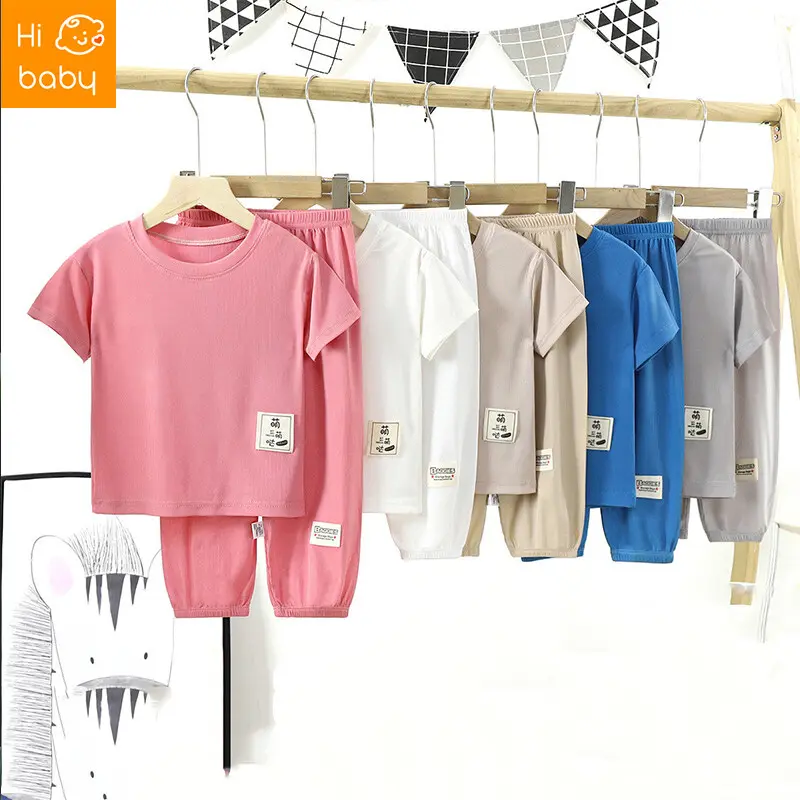 Sut sutera ais lengan pendek untuk kanak-kanak lelaki dan perempuan, seluar lengan pendek, pakaian bayi di dalam bilik berhawa dingin, set dua helai untuk rumah, musim panas baharu