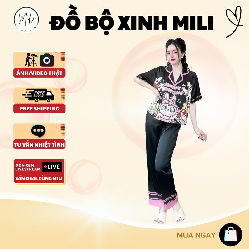 ĐỒ BỘ PIJAMA, FORM RỘNG, Tay Ngắn Labubu, ĐỒ MẶC NHÀ, ĐỒ NGỦ NỮ. Form Áo Croptop. Quần Dài Có Túi. VẢI LỤA LATIN CAO CẤP. HOẠ TIẾT DỄ THƯƠNG. Women Voi Kem do bolatin