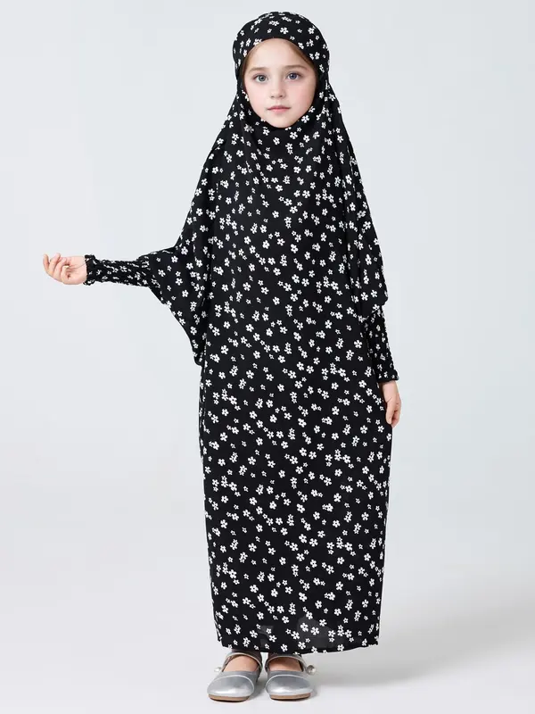 Girl's Ditsy Floral Print Hooded Abaya, Modest Long Sleeve Hooded Dress for Summer, Kids Clothes for Daily Wear 3