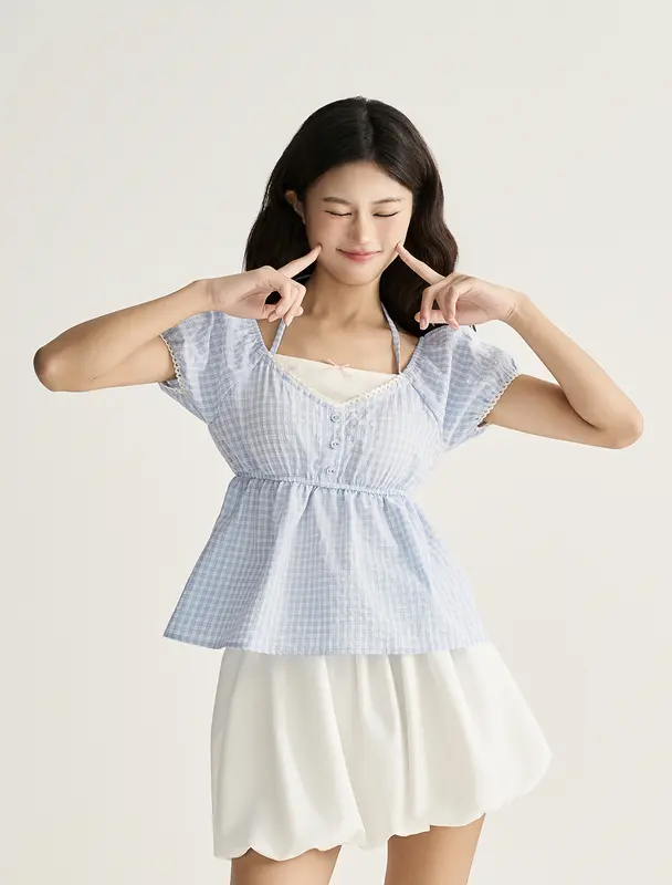 BLEUBIRD Áo nữ vải thô phối thun buộc dây Eugene Top 5