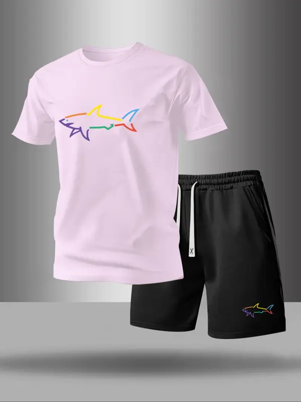 Men's Graphic Print Tee & Drawstring Waist Shorts Set, Casual Round Neck Short Sleeve T-shirt & Pocket Track Shorts, Men's Two-piece Outfits for Summer 4