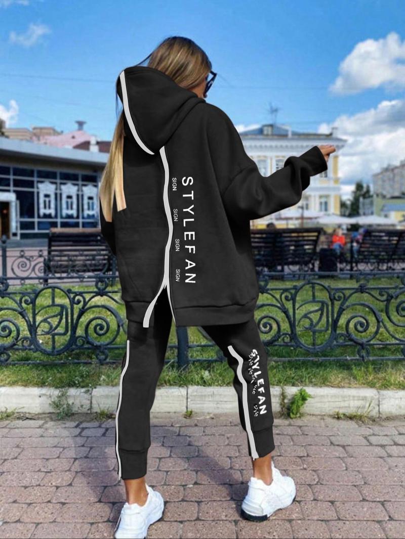 Product Introduction of Women's Letter Print Drop Shoulder Zip Up Hoodie & Pants Two-piece Set, Outfits 2 Piece Set, Casual Fashion Cozy Breathable Two Piece Outfits for Daily Outdoor Wear, Women Clothes for Fall & Winter 3