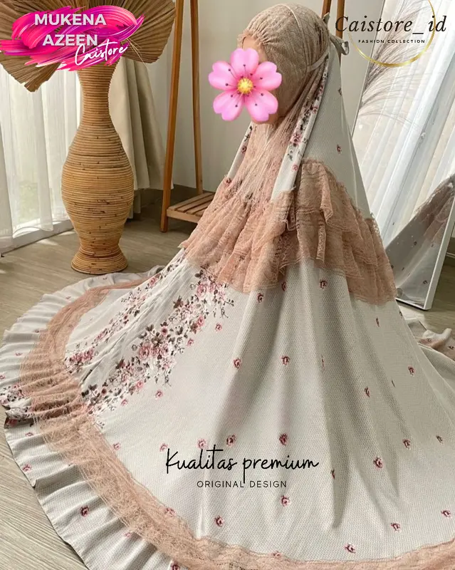 Mukena Azeen Alfurqon Dewasa Silk Renda Mewah Premium Cantik Adem Nyaman  Free Pouch Traveling Muslim Bawahan Atasan Kombinasi Bunga 4