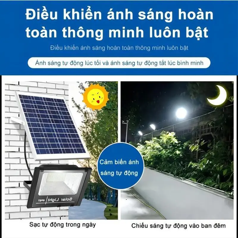 Đèn năng lượng mặt trời 1500WChống nước  Chip led 5730, Sáng 6-8 tiếng. Không tốn tiền điện, An toàn, tự động bật tắt Bảo hành 5 năm đen  nang dennang  luong tuelam  led denn  lmt 1