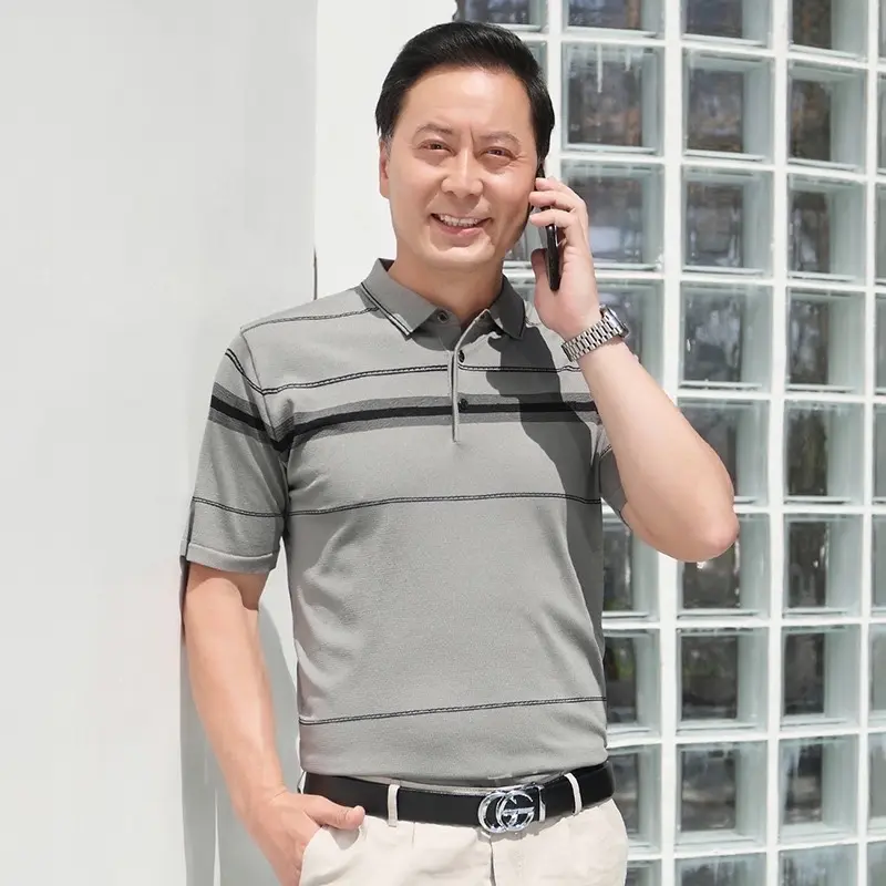 [TẶNG BỐ] Áo thun len lạnh Nam Trung Niên Cộc Tay Quảng Châu Menswear Top Polo Có Cổ Ngắn Tay 2