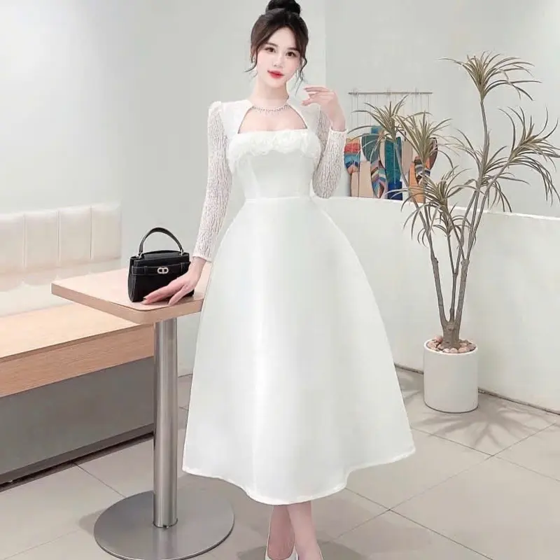 Váy tapta tay ren dài cổ đá cuộn hoa 1